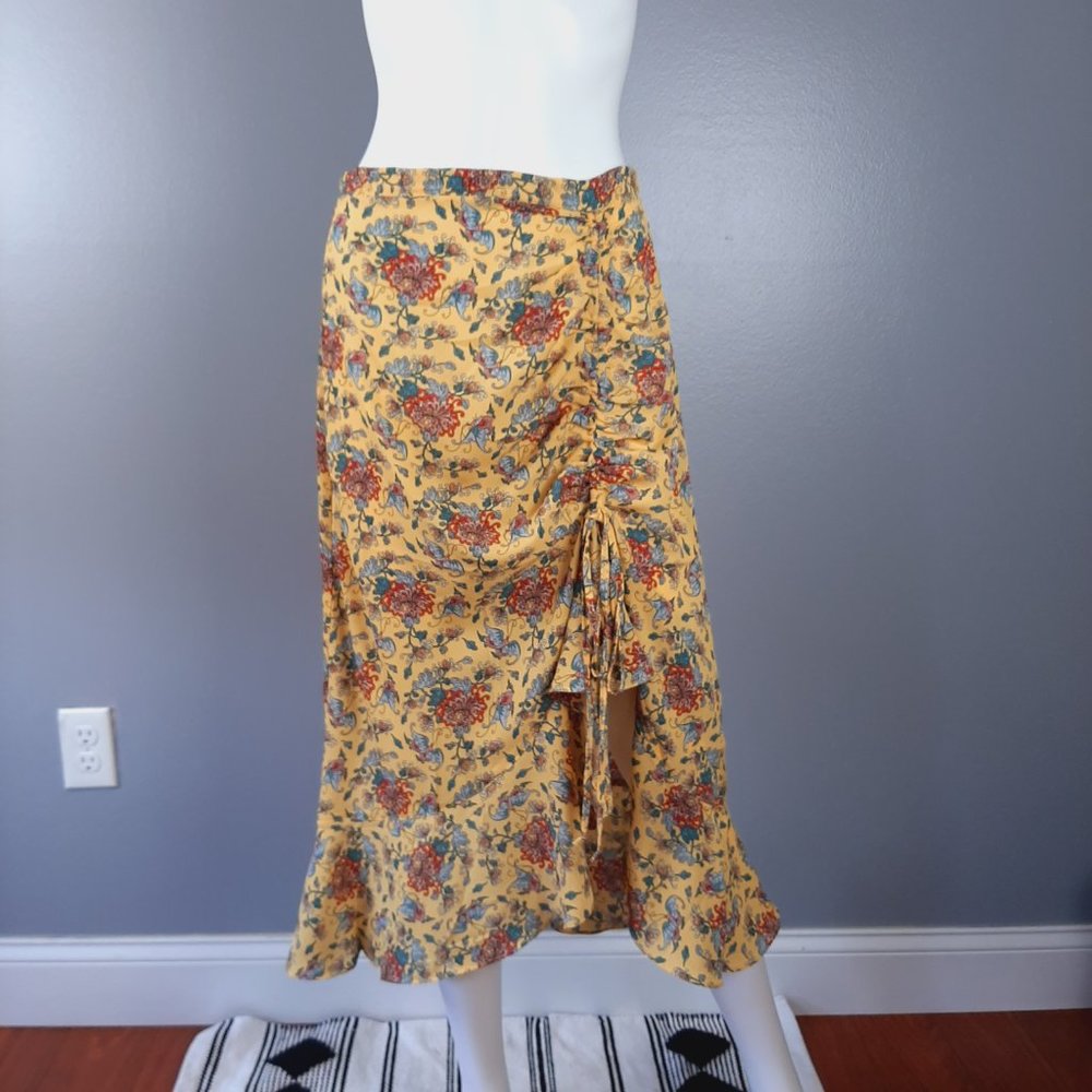 Max Studio Womens Cinch Front Skirt Size Medium Yellow Floral Print Midi Ruffle